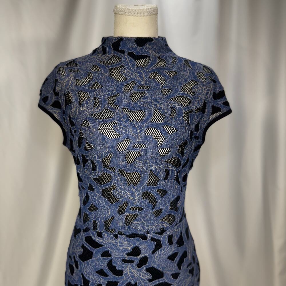 CQ by CQ Blue Lace Sheath Dress Medium Sheer Avant Garde Feminine Event Vacation - Picture 6 of 16
